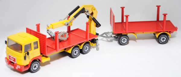 00002 MAN 19.361 (F8, Mod. 79-83) Lastzug Pritsche und Rungen ohne Fußgängerbrücke, gelb/rot