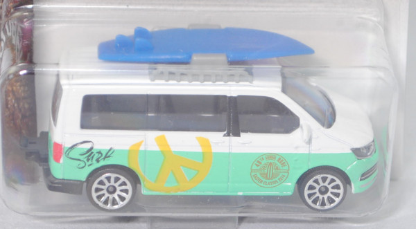 VW T6 Multivan (Typ 7H, 2. Facelift, Mod. 15-) (Nr. 203G) mit Dachgepäckträger und Surfbrett, weiß