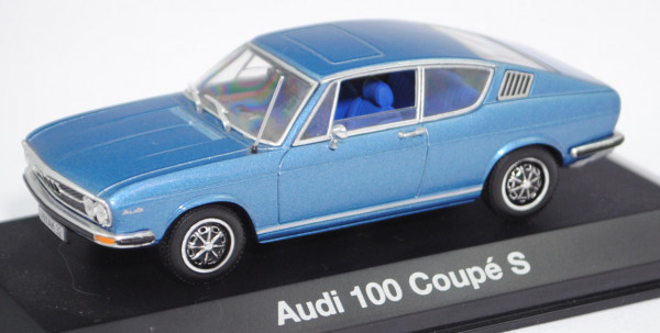 Audi 100 Coupé S (C1, Typ F 105, Modell 1970-1971), alaska blau metallic, Minichamps, 1:43, Werbebox