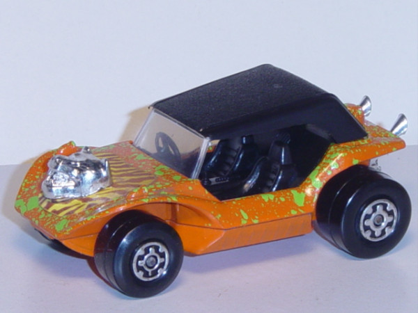 Sand Car, hellrotorange, mit grünen Farbtupfern, mit Kopf auf der Fronthaube, Matchbox Speed Kings,