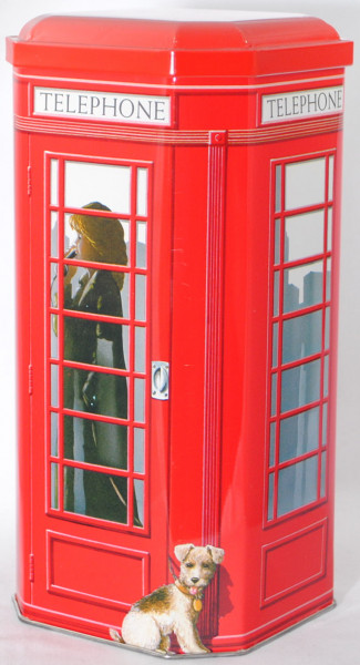leere Vorratsdose aus Weißblech, rot, Design als Telefonzelle, TELEPHONE / EDUSCHO, Beilege: Zettel