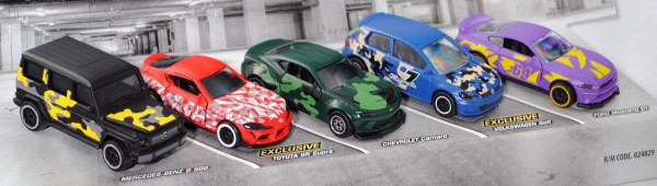 LIMITED EDITION Giftpack: MB G 500+Toyota GR+Chevrolet Camaro+VW Golf+Ford Mustang, majorette