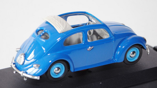 VW Käfer Standardlimousine mit geöffnetem Faltdach (Typ 11) (Brezelkäfer), Modell 1949, verkehrsblau