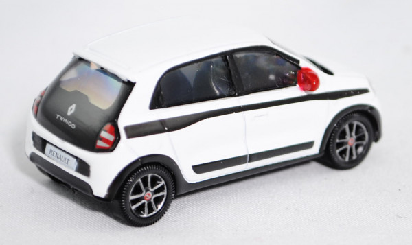 Renault Twingo (Typ Twingo III, Modell 2014-), reinweiß, schwarze Seitenstreifen, rote Außenspiegel,