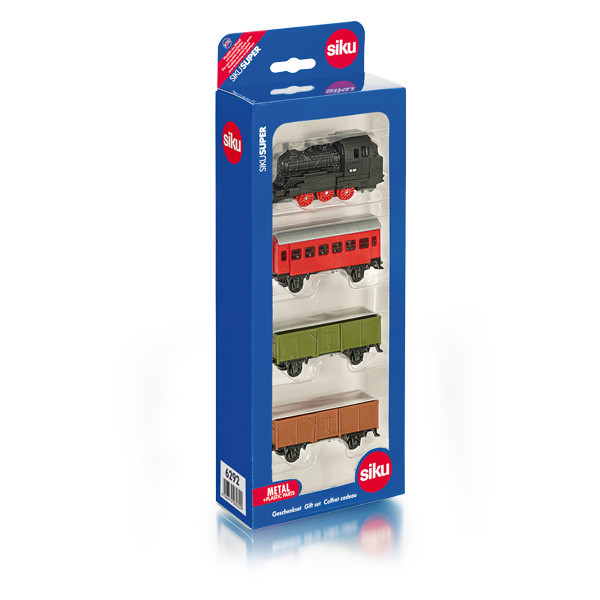 Geschenkset Eisenbahn 2 bestehend aus: Dampflok, 1 Personenwagen und 2 Güterwagen, schwarz/signalrot