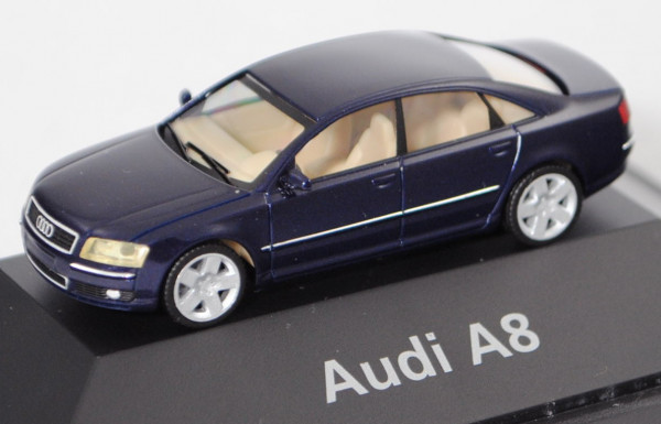 Audi A8 (D3, Typ 4E), Modell 2002-2005, dunkelblaumetallic, Herpa, 1:87, PC-Box