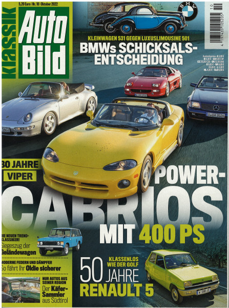 Auto Bild Klassik, Inhalt: u.a. Power-Cabrios m. 400 PS / BMWs Schicksals-Entscheidung, Heft 10 2022