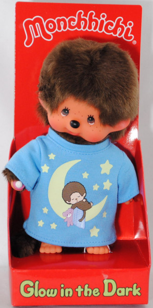 Monchhichi Boy Glow in the Dark (Junge mit T-Shirt und leuchtendem Mond + Sternen), 20 cm, Sekiguchi