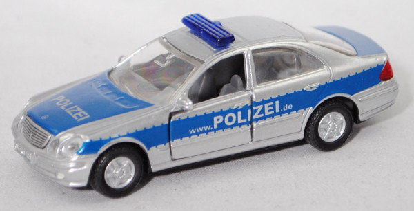 00006 Mercedes-Benz E 500 (Mod. 02-06) Polizei, weißalu/blau, www.POLIZEI.de, B13 silber, SIKU, 1:55