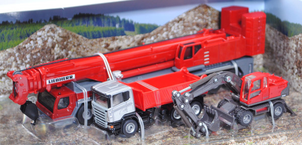 00000 Baustellen-Set: LIEBHERR Mobilkran+Scania Pritschenkipper+VOLVO Mobilbagger, rot/grau, L17mpP