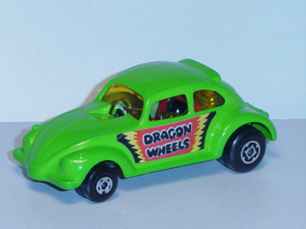 Dragon Wheels, gelbgrün, Chassis schwarz, innen chrom, Verglasung orange, Karosserie anhebbar, Match