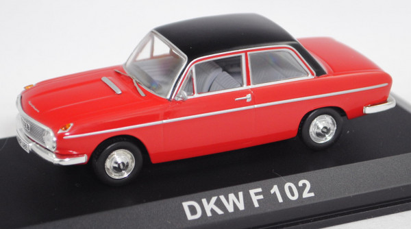 DKW F 102 (Typ 2-türige Limousine, Modell 1964-1966), granatrot/schwarz, Norev, 1:43, PC-Box