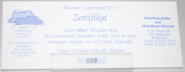 Zertifikat für Linienbus Mercedes O 405 N, reinweiß/kadmiumgelb, links Modelleisenbahn- und Modellau