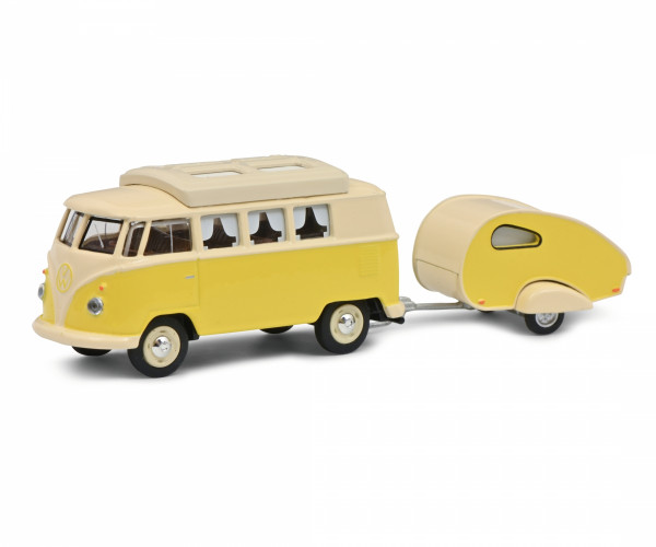 VW T1 (Mod. 1961-1963) Camper mit Campinganhänger PICCOLO ES, elfenbein/gelb, Schuco, 1:64, mb