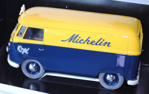 VW Transporter Kastenwagen (Typ T1), Modell 1966, verkehrsgelb/saphirblau, Michelin, Heckklappe zu ö