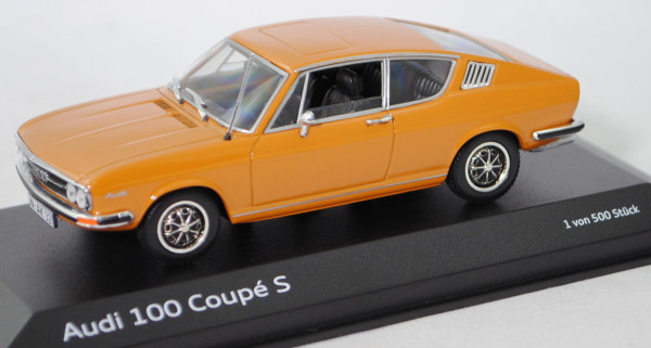 Audi 100 Coupé S (Baureihe C1, Typ F105, Modell 1970-1971), tibetorange, Minichamps, 1:43, Werbebox