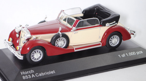Horch 853 A Cabriolet (Modell 1938-1939), purpurrot/hellelfenbein, WHITEBOX, 1:43, PC-Box (Limited)