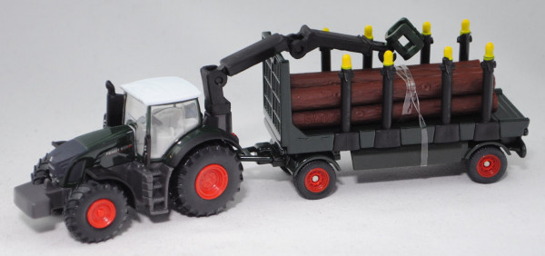 00000 Fendt 939 Vario Traktor (Modell 10-14) mit 2-Achs-Holzanhänger, tannengrün/grau, 1:87, L17mpK