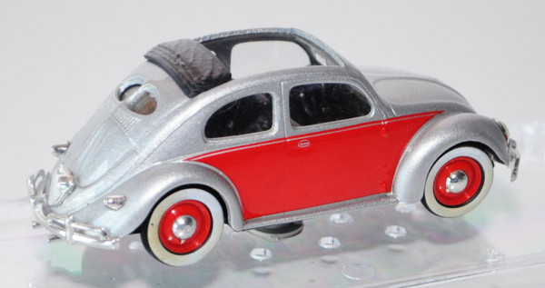 VW Käfer Export-Limousine mit geöffnetem Faltdach (Typ 11) (Brezelkäfer), Modell 1949, silber/verkeh