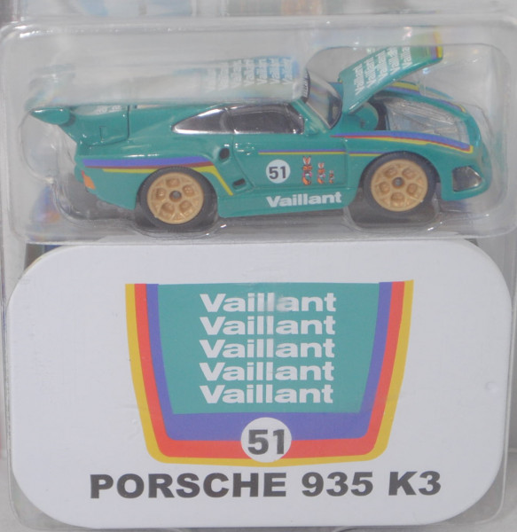 Porsche 935 K3/80 (Typ K3/80, Modell 1980-1981), türkisgrün, Nr. 51, majorette, 1:62, Blister