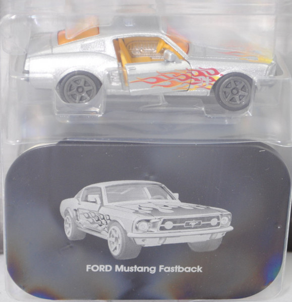 Ford Shelby Mustang I Fastback (Mod. 67-68), silber, Flammendesign, mit Metalldose, majorette, 1:62