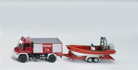 00100 F MB Unimog U 400 (Mod. 01-14) Feuerwehr TLF m. Anhänger+Mehrzweckboot, POMPIERS, P29a