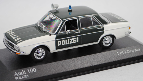 Audi 100 GL (C1, Typ F 104, Modell 71-73) Polizei Ingolstadt, grün/weiß, Minichamps, 1:43, PC-Box