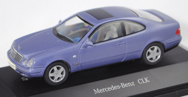 Mercedes-Benz CLK 230 Kompressor (C 208, Mod. 1997-1999), quarzblau metallic, Herpa, 1:43, Werbebox