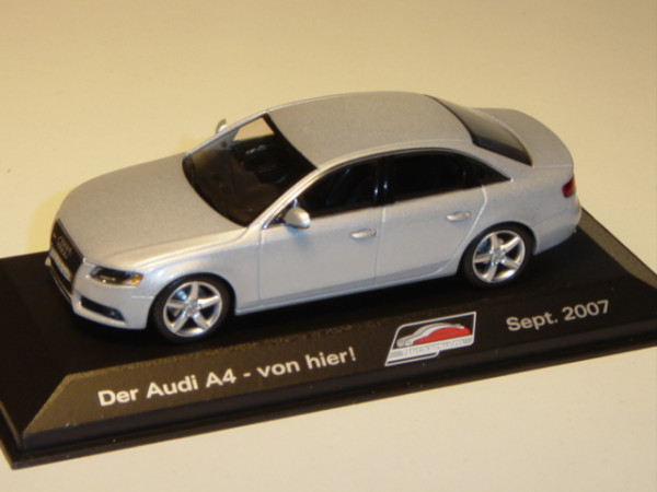 Audi A4, Mj. 2008, eissilber, Der Audi A4 - von hier! Sept. 2007, Minichamps, 1:43, Werbeschachtel