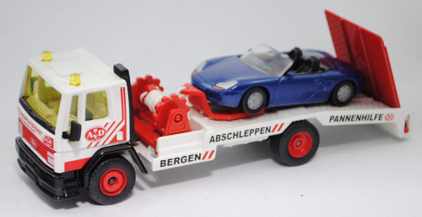 00000 Ford Cargo (Typ 110, Mod. 81-92) Abschleppwagen m. Porsche Boxster (Mod. 96-99), weiß/rot, AvD