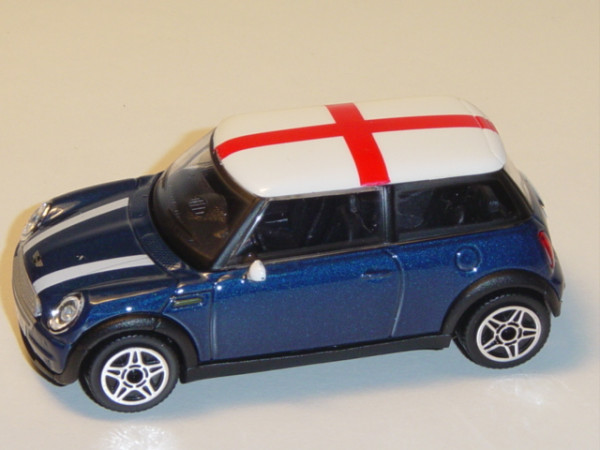 Mini Cooper, dunkelblaumetallic, Dach weiß mit englischer Nationalflagge, innen schwarz, Bburago, 1: