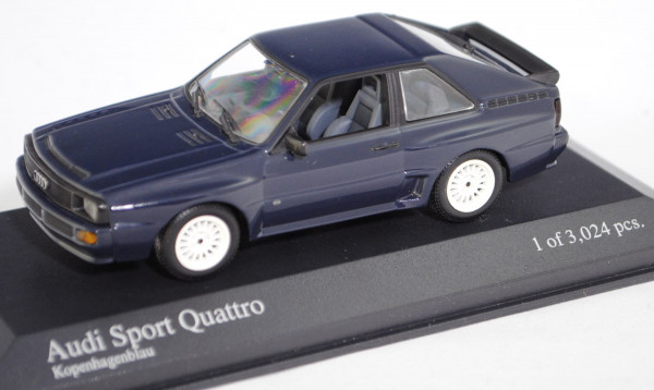 Audi sport quattro (Typ 85Q, Modell 1984-1986), kopenhagenblau, Minichamps, 1:43, PC-Box (m-)