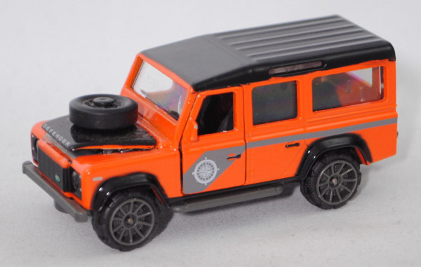 Land Rover Defender 110 (Mod. 90-16), schwarz/orange, majorette, 1:60, Blister mit Land Rover weiß