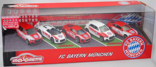FC BAYERN MÜNCHEN Set, Audi A1 Sportback+R8 Spyder+R8 Coupè+S5 Coupé, mit Sticker, majorette, mb