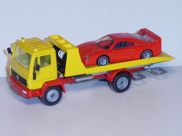 00000 Mercedes LN-2 Pannen-Servicewagen, kadmiumgelb/verkehrsrot, Ladegut: Ferrari F40, rot, L14a