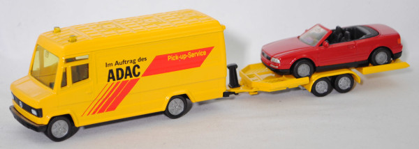 00001 ADAC-Rückholdienst MB 809 D mit Anhänger + PKW, gelb, Im Auftrag des ADAC, 2 Gelblichter