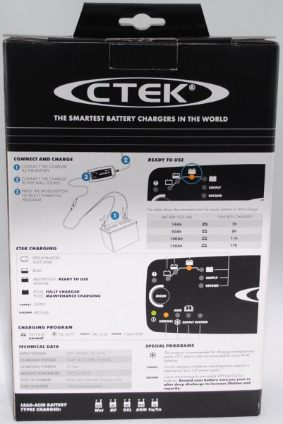 MXS 7.0 CTEK® Hochfrequenzladegerät 12V, 7A mit Ladezustandsanzeige, incl. 2 Anschlusskabel und 1 Au