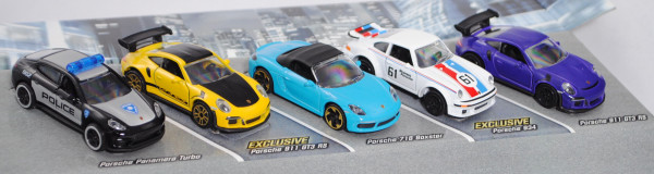 Porsche Edition (5 Modelle): Panamera Turbo + 2x 911 GT3 RS + 718 Boxster + 934 , majorette, mb