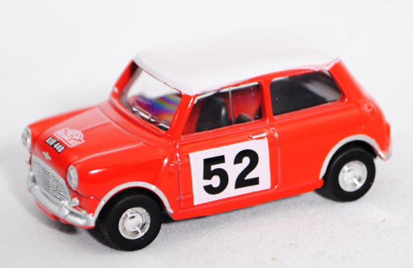 BMC Austin Mini Cooper S Mk 1 (Mod. 59-67), orange, Dach weiß, Rallye Monte Carlo 1965, Nr. 52, 1:54