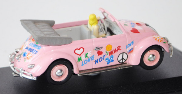 VW Käfer Cabriolet offen (Typ 15) Hippy Style, Modell 1949, hellrosa, PEACE / AND LOVE / FLOWER / PO