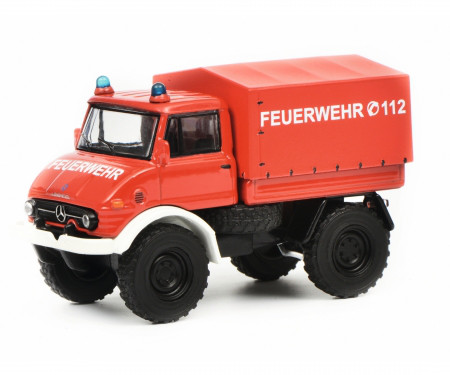 Mercedes-Benz Unimog U 84 (BR 406, Mod. 71-88) Feuerwehr mit Plane, rot/schwarz, Schuco, 1:64, mb