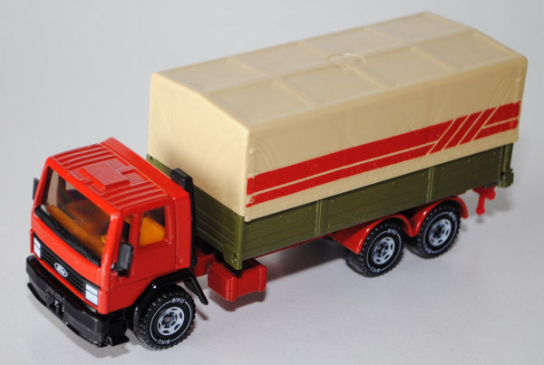 Ford Cargo LKW mit Pritsche, verkehrsrot/hell-olivgrün, Plane mit roten Streifen, LKW10, Spiegel rec