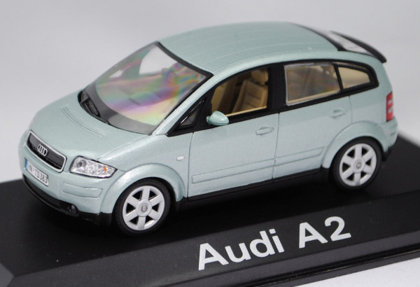Audi A2 (Typ 8Z, Modell 2000-2005), islandgrün metallic, Minichamps, 1:43, Werbeschachtel (alt)