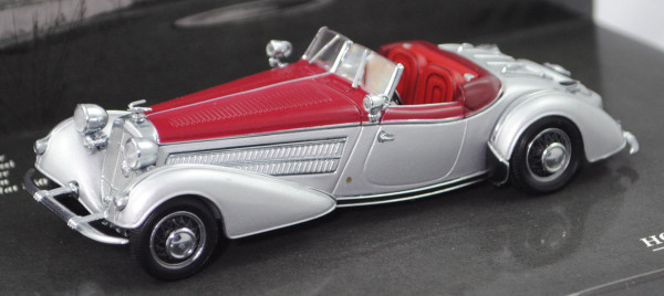 Horch 855 Special-Roadster (Baujahr 1938), silbergraumetallic/purpurrot, Minichamps, 1:43, PC-Box