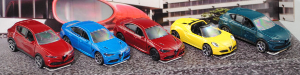 Alfa Romeo Set (5 Modelle): Tonale rot + blau, Giulia blau + rot, 4C Spider gelb, majorette, mb
