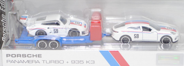 Porsche Panamera Turbo + Autotransporter + Porsche 935 K3/80, reinweiß, Nr. 59, majorette, Blister