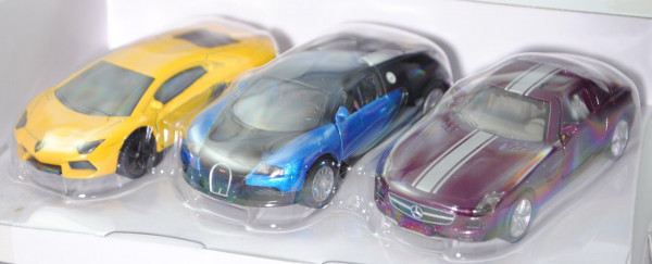 00001 Sportwagen: Lambo Aventador, gelb; Bugatti Veyron, blau/schwarz; MB SLS AMG, viol., B36a/B36b