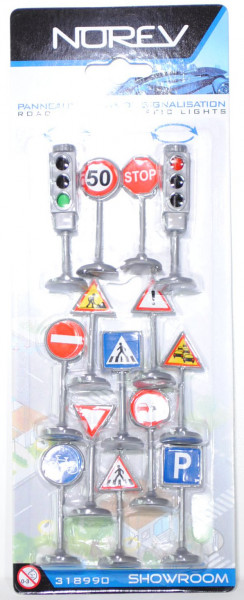 12 Verkehrszeichen und 2 Ampeln, silbergrau, 1:50, Norev, mb