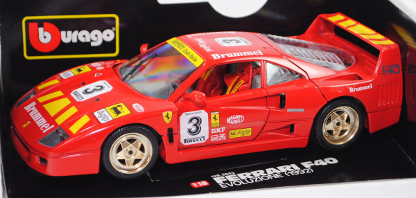 Ferrari F40 evoluzione (Modell 1992), rosso corsa, Sponsoren: Brummel, Nr. 3, Bburago, 1:18, mb