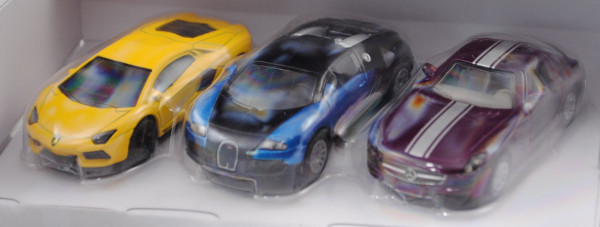 00001 Geschenkset Sportwagen: Lambo Aventador, gelb; Bugatti Veyron, blau/schwarz; MB SLS AMG, borde